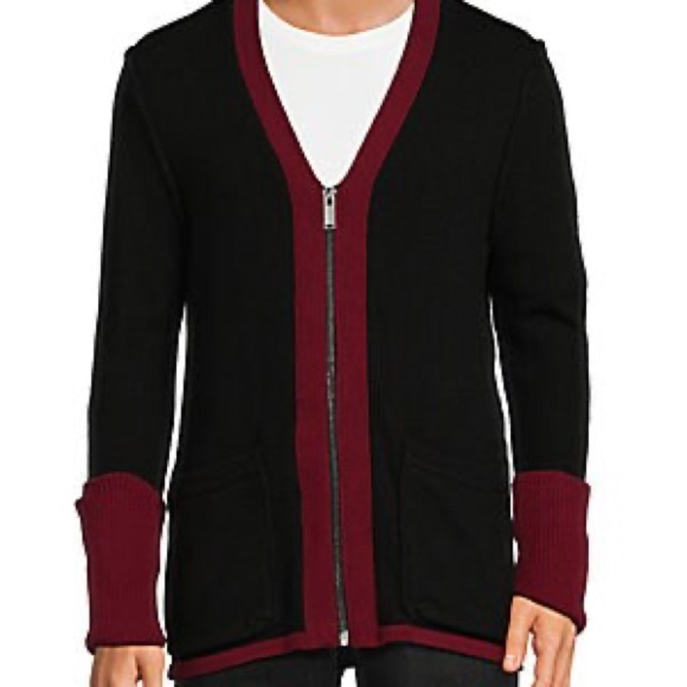 NWT! Karl Lagerfeld Colorblock Ribbed Wool Zip Men's Black Red Cardigan Sweater